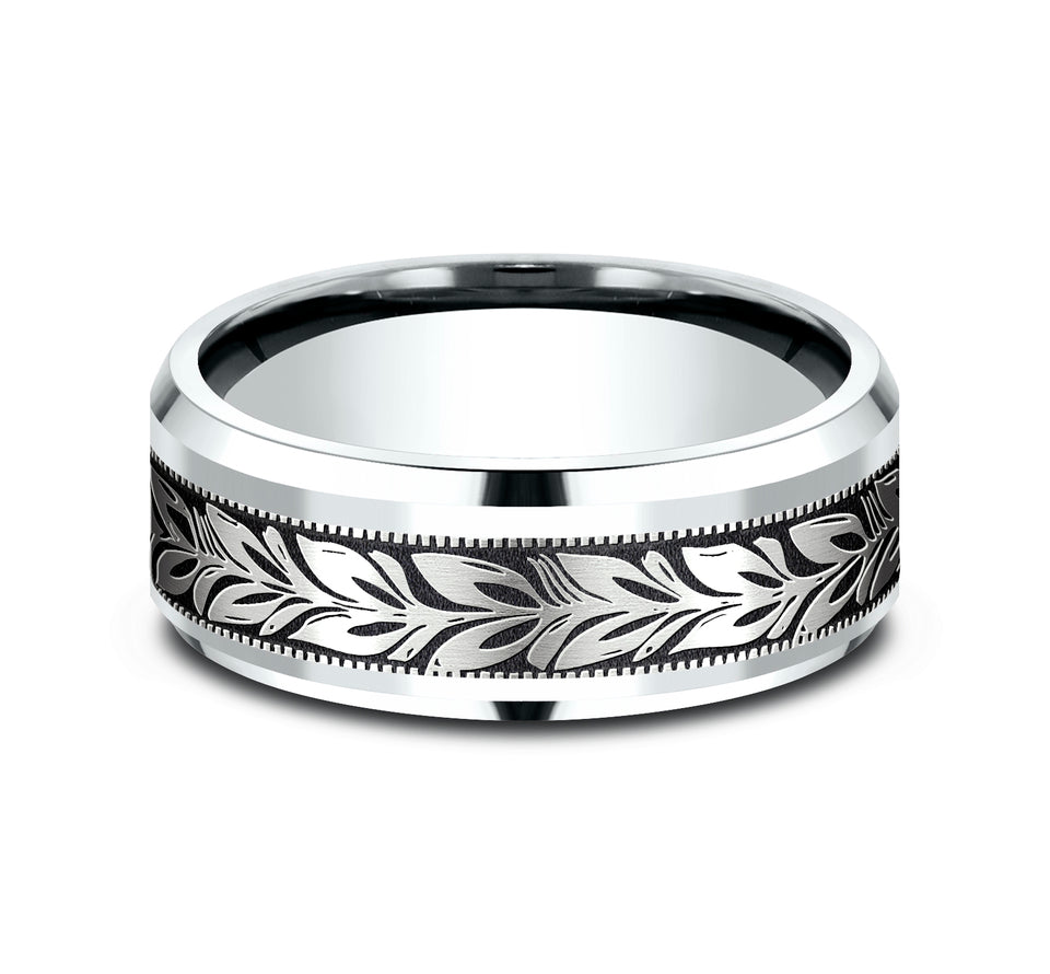 Drop Bevel Milgrain Band with Single Leaf Center