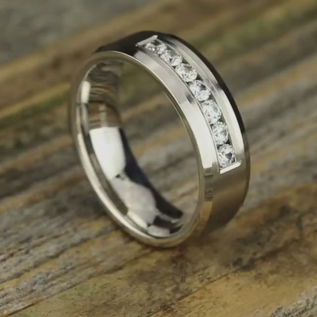 Beveled Edge Sq Channel Diamond Band with Satin Center, video