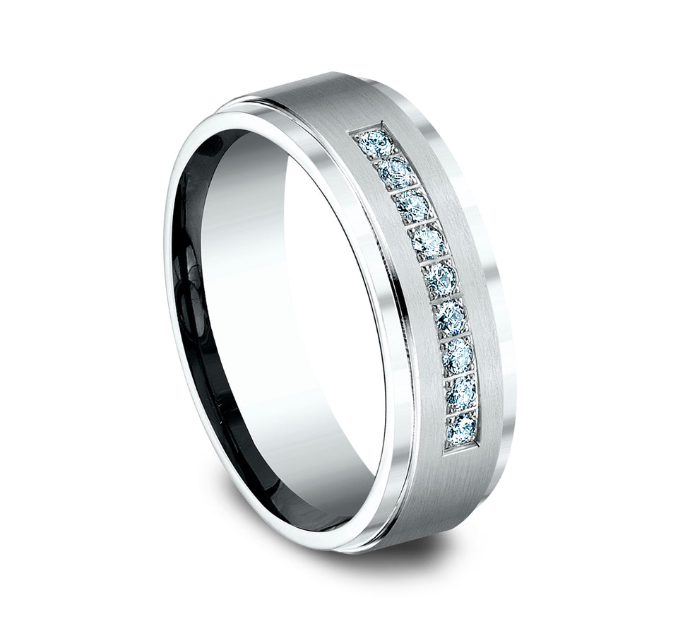 High Polish Drop Edge Pave Diamond Band with Satin Center