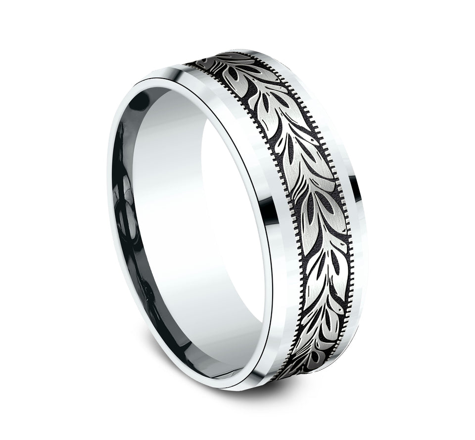 Drop Bevel Milgrain Band with Single Leaf Center