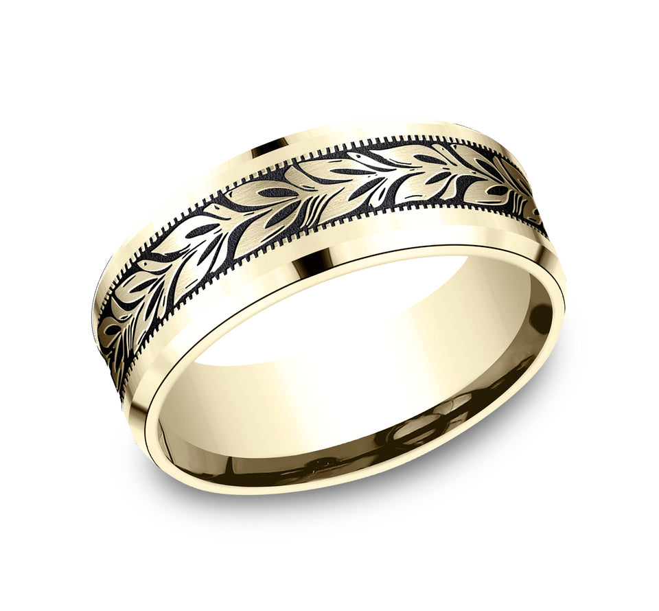 Drop Bevel Milgrain Band with Single Leaf Center